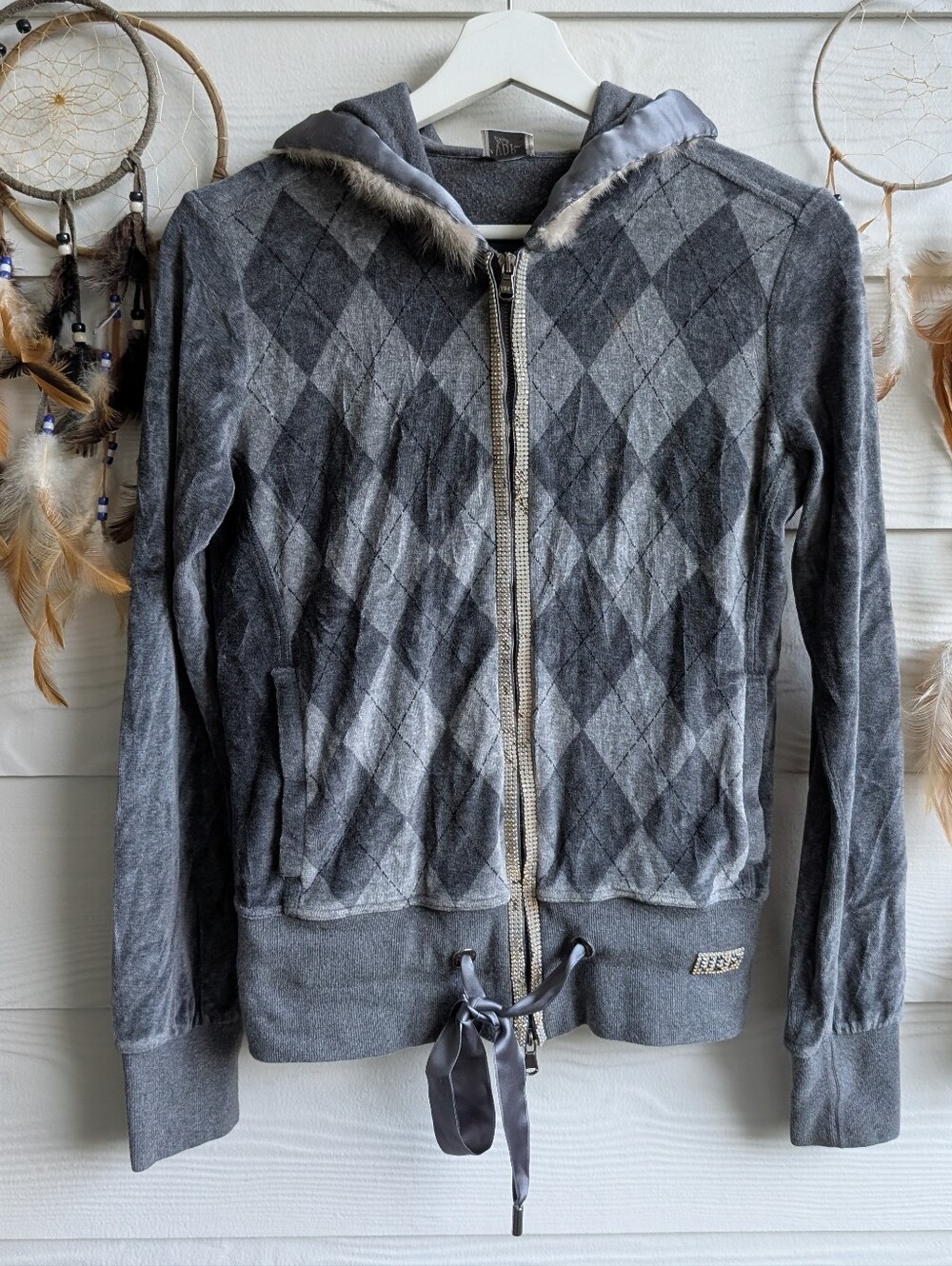Y2K VDP Italian Velour Gray Argyle Zip-Up Hoodie with Fur Trim S-M